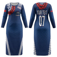 Manu Samoa Rugby Custom Navy Blue Family Matching Long Sleeve Bodycon Dress and Hawaiian Shirt ʻIe Toga Pattern With Red Ula fala LT7 Mom's Dress Navy Blue - Polynesian Pride