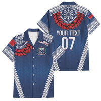 Manu Samoa Rugby Custom Navy Blue Family Matching Off The Shoulder Long Sleeve Dress and Hawaiian Shirt ʻIe Toga Pattern With Red Ula fala LT7 Dad's Shirt - Short Sleeve Navy Blue - Polynesian Pride