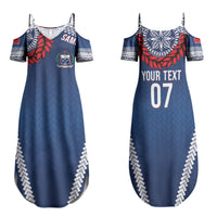 Manu Samoa Rugby Custom Navy Blue Family Matching Summer Maxi Dress and Hawaiian Shirt ʻIe Toga Pattern With Red Ula fala LT7 Mom's Dress Navy Blue - Polynesian Pride