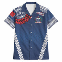 Manu Samoa Rugby Custom Navy Blue Hawaiian Shirt ʻIe Toga Pattern With Red Ula fala LT7 Navy Blue - Polynesian Pride