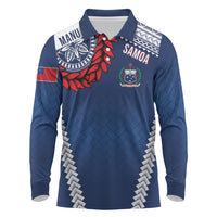 Manu Samoa Rugby Custom Navy Blue Long Sleeve Polo Shirt ʻIe Toga Pattern With Red Ula fala LT7 Navy Blue - Polynesian Pride