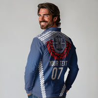Manu Samoa Rugby Custom Navy Blue Long Sleeve Polo Shirt ʻIe Toga Pattern With Red Ula fala LT7 - Polynesian Pride