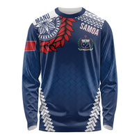 Manu Samoa Rugby Custom Navy Blue Long Sleeve Shirt ʻIe Toga Pattern With Red Ula fala LT7 Unisex Navy Blue - Polynesian Pride