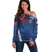 Manu Samoa Rugby Custom Navy Blue Off Shoulder Sweater ʻIe Toga Pattern With Red Ula fala LT7 Women Navy Blue - Polynesian Pride