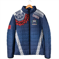Manu Samoa Rugby Custom Navy Blue Padded Jacket ʻIe Toga Pattern With Red Ula fala LT7 - Polynesian Pride