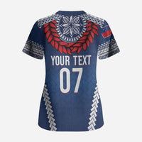 Manu Samoa Rugby Custom Navy Blue Scrub Top ʻIe Toga Pattern With Red Ula fala LT7 - Polynesian Pride