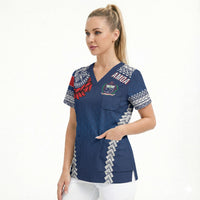 Manu Samoa Rugby Custom Navy Blue Scrub Top ʻIe Toga Pattern With Red Ula fala LT7 - Polynesian Pride