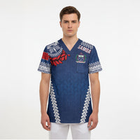 Manu Samoa Rugby Custom Navy Blue Scrub Top ʻIe Toga Pattern With Red Ula fala LT7 - Polynesian Pride