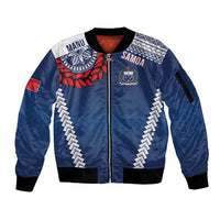 Manu Samoa Rugby Custom Navy Blue Sleeve Zip Bomber Jacket ʻIe Toga Pattern With Red Ula fala LT7 Unisex Navy Blue - Polynesian Pride