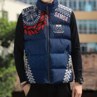 Manu Samoa Rugby Custom Navy Blue Sleeveless Puffer Jacket ʻIe Toga Pattern With Red Ula fala LT7 - Polynesian Pride