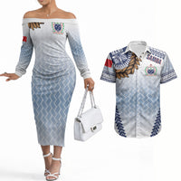 Manu Samoa Rugby Custom White Couples Matching Off The Shoulder Long Sleeve Dress and Hawaiian Shirt ʻIe Toga Pattern With Brown Ula fala LT7 White - Polynesian Pride