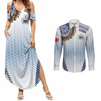 Manu Samoa Rugby Custom White Couples Matching Summer Maxi Dress and Long Sleeve Button Shirt ʻIe Toga Pattern With Brown Ula fala LT7 White - Polynesian Pride
