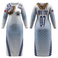 Manu Samoa Rugby Custom White Family Matching Long Sleeve Bodycon Dress and Hawaiian Shirt ʻIe Toga Pattern With Brown Ula fala LT7 Mom's Dress White - Polynesian Pride