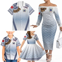 Manu Samoa Rugby Custom White Family Matching Off The Shoulder Long Sleeve Dress and Hawaiian Shirt ʻIe Toga Pattern With Brown Ula fala LT7 - Polynesian Pride