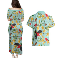 Aloha Hawaii Couples Matching Puletasi and Hawaiian Shirt I'iwi on Mamane Pastel Turquoise