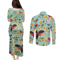 Aloha Hawaii Couples Matching Puletasi and Long Sleeve Button Shirt I'iwi on Mamane Pastel Turquoise