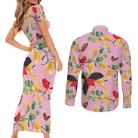 Aloha Hawaii Couples Matching Short Sleeve Bodycon Dress and Long Sleeve Button Shirt I'iwi on Mamane Pastel Pink