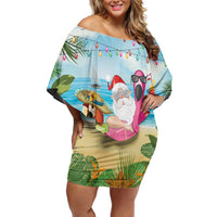 Have Yourself A Beachy Little Christmas Off Shoulder Short Dress with Santa Chilling - Polynesian Pride