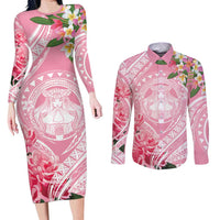 Aloha Hawaii Maui Couples Matching Long Sleeve Bodycon Dress and Long Sleeve Button Shirt Goddess Lokelani Rose LT7 Pink - Polynesian Pride