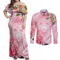 Aloha Hawaii Maui Couples Matching Off Shoulder Maxi Dress and Long Sleeve Button Shirt Goddess Lokelani Rose LT7 Pink - Polynesian Pride