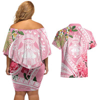 Aloha Hawaii Maui Couples Matching Off Shoulder Short Dress and Hawaiian Shirt Goddess Lokelani Rose