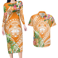 Aloha Hawaii Lanai Couples Matching Long Sleeve Bodycon Dress and Hawaiian Shirt Frangipani Mix Pineapple
