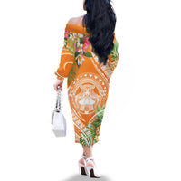 Aloha Hawaii Lanai Family Matching Off The Shoulder Long Sleeve Dress and Hawaiian Shirt Frangipani Mix Pineapple