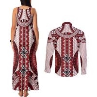 Bula Fiji Vintage Couples Matching Tank Maxi Dress and Long Sleeve Button Shirt Scarlet Masi Motifs