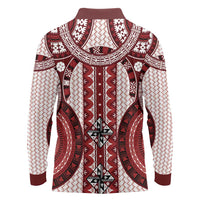Bula Fiji Vintage Long Sleeve Polo Shirt Scarlet Masi Motifs