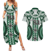 Bula Fiji Vintage Couples Matching Summer Maxi Dress and Hawaiian Shirt Phthalo Green Masi Motifs