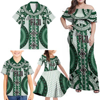 Bula Fiji Vintage Family Matching Off Shoulder Maxi Dress and Hawaiian Shirt Phthalo Green Masi Motifs