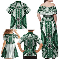 Bula Fiji Vintage Family Matching Off Shoulder Maxi Dress and Hawaiian Shirt Phthalo Green Masi Motifs