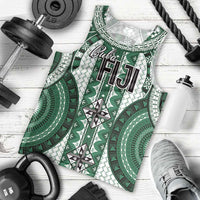 Bula Fiji Vintage Men Tank Top Phthalo Green Masi Motifs LT7 - Polynesian Pride