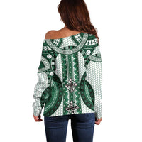 Bula Fiji Vintage Off Shoulder Sweater Phthalo Green Masi Motifs