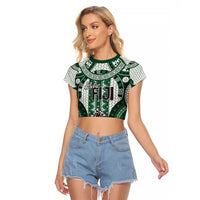 Bula Fiji Vintage Raglan Cropped T Shirt Phthalo Green Masi Motifs LT7 Female Phthalo Green - Polynesian Pride