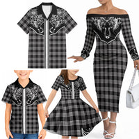 Hawai'i Paniolo Motif Black Family Matching Off The Shoulder Long Sleeve Dress and Hawaiian Shirt Floral Palaka Print LT7 - Polynesian Pride