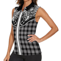 Hawai'i Paniolo Motif Black Women Sleeveless Polo Shirt Floral Palaka Print LT7 - Polynesian Pride