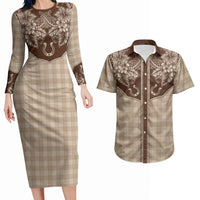 Hawai'i Paniolo Motif Leather Brown Couples Matching Long Sleeve Bodycon Dress and Hawaiian Shirt Floral Palaka Print LT7 Brown - Polynesian Pride