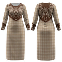 Hawai'i Paniolo Motif Leather Brown Couples Matching Long Sleeve Bodycon Dress and Hawaiian Shirt Floral Palaka Print LT7 - Polynesian Pride