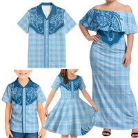 Hawai'i Paniolo Motif Deep Blue Family Matching Off Shoulder Maxi Dress and Hawaiian Shirt Floral Palaka Print LT7 - Polynesian Pride