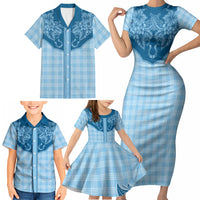 Hawai'i Paniolo Motif Deep Blue Family Matching Short Sleeve Bodycon Dress and Hawaiian Shirt Floral Palaka Print LT7 - Polynesian Pride