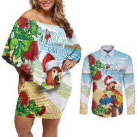 Have A Very Beach Christmas Couples Matching Off Shoulder Short Dress and Long Sleeve Button Shirt Parrot By Lehua Flower - Polynesian Pride