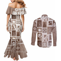 Hawaii Christmas Retro Patchwork Couples Matching Mermaid Dress and Long Sleeve Button Shirt Brown LT7 - Polynesian Pride
