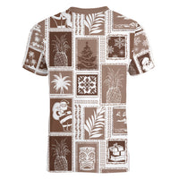 Hawaii Christmas Retro Patchwork Women V Neck T Shirt Brown LT7 - Polynesian Pride