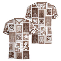 Hawaii Christmas Retro Patchwork Women V Neck T Shirt Brown LT7 - Polynesian Pride