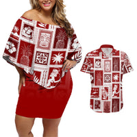 Hawaii Christmas Retro Patchwork Couples Matching Off Shoulder Short Dress and Hawaiian Shirt Red LT7 Red - Polynesian Pride