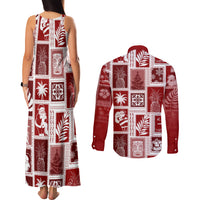 Hawaii Christmas Retro Patchwork Couples Matching Tank Maxi Dress and Long Sleeve Button Shirt Red LT7 - Polynesian Pride