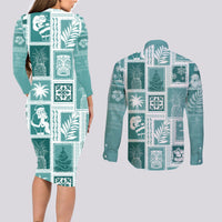 Hawaii Christmas Retro Patchwork Couples Matching Long Sleeve Bodycon Dress and Long Sleeve Button Shirt Teal LT7 - Polynesian Pride