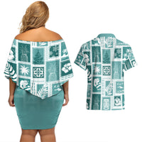 Hawaii Christmas Retro Patchwork Couples Matching Off Shoulder Short Dress and Hawaiian Shirt Teal LT7 - Polynesian Pride