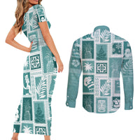 Hawaii Christmas Retro Patchwork Couples Matching Short Sleeve Bodycon Dress and Long Sleeve Button Shirt Teal LT7 - Polynesian Pride